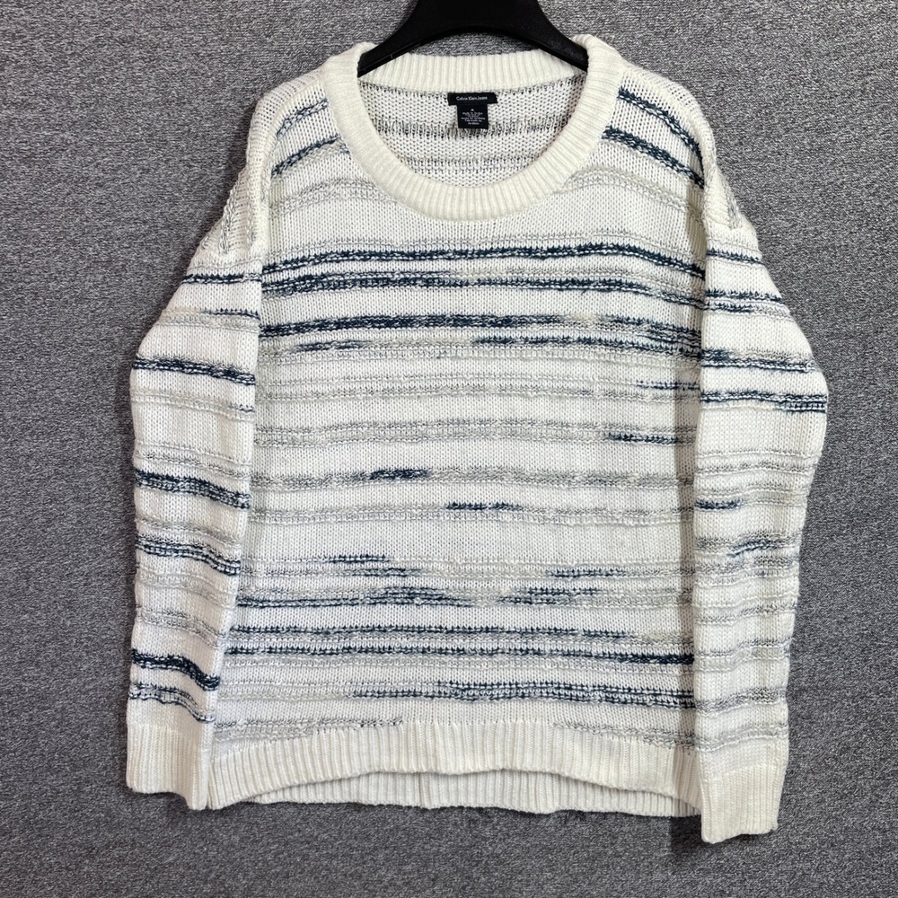 Calvin Klein Jeans Sweater Womens M Ivory Navy Striped Chunky Knit Crewneck